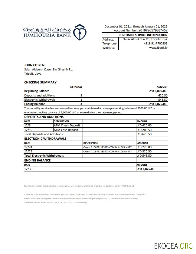 Déclaration de la banque libyenne Jumhouria